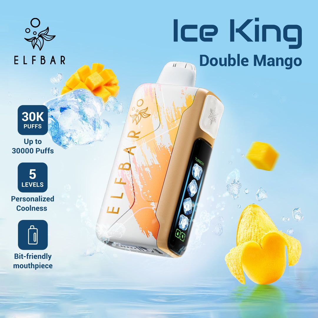 Elfbar Ice King Double Mango vape device with mangoes and ice cubes on a blue background PUFF DADY UAE DUBAI