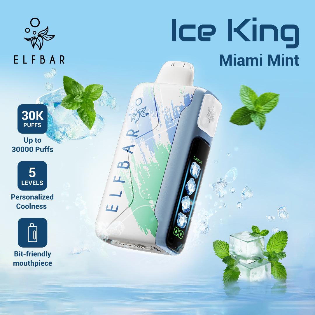 Elfbar Ice King Miami Mint vape device with mint leaves and water droplets on a blue background UAE DUBAI
