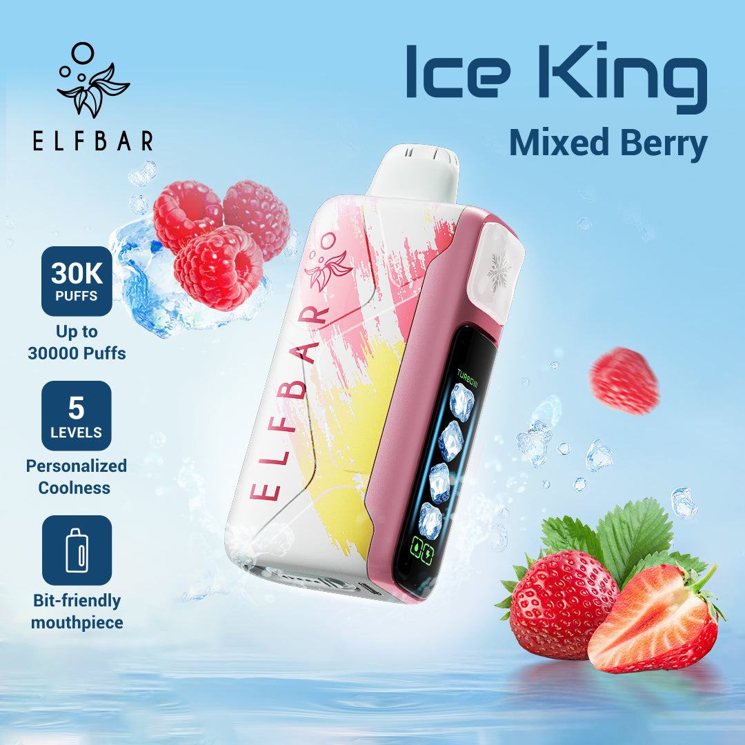 Elfbar Ice King Mixed Berry vape device with berries and water droplets on a light blue background PUFF DADY DUBAI