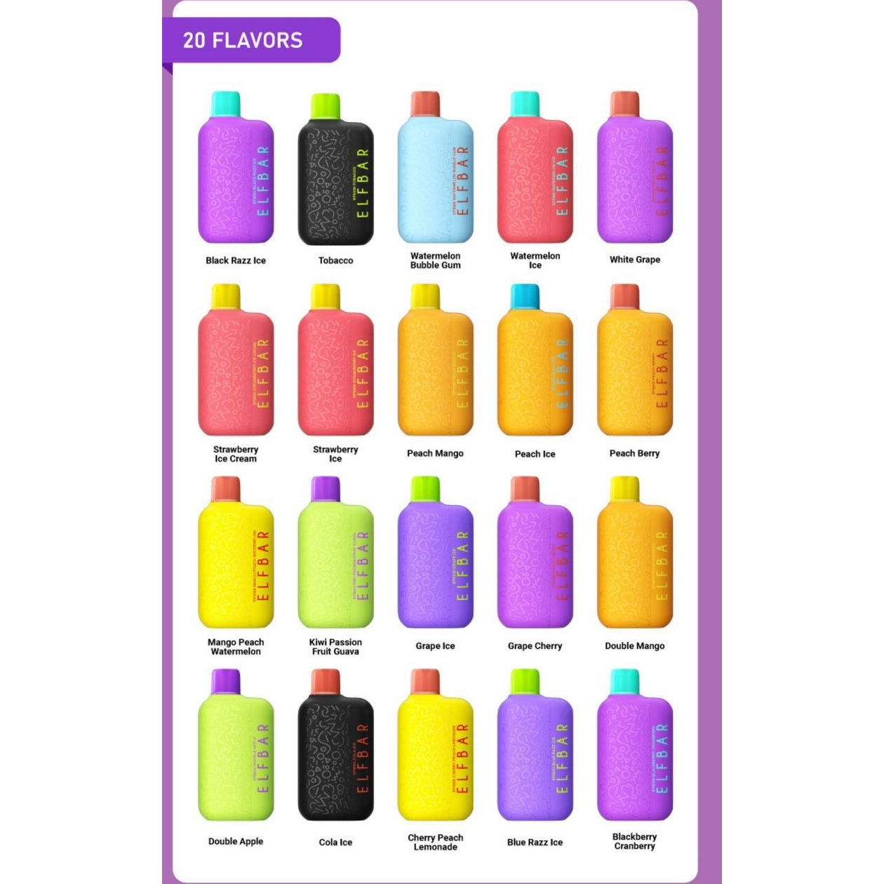 Colorful ElfBar 8000 puffs disposable vape devices in 20 different flavors with sleek compact design