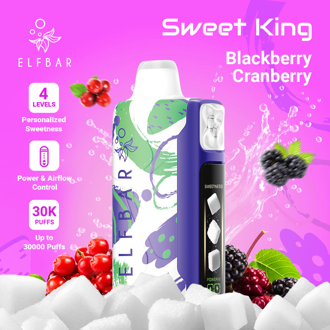 ELFBAR Sweet King 30000 Puffs disposable vape in Blackberry Cranberry flavor with 4-level sweetness and up to 30,000 puffs.