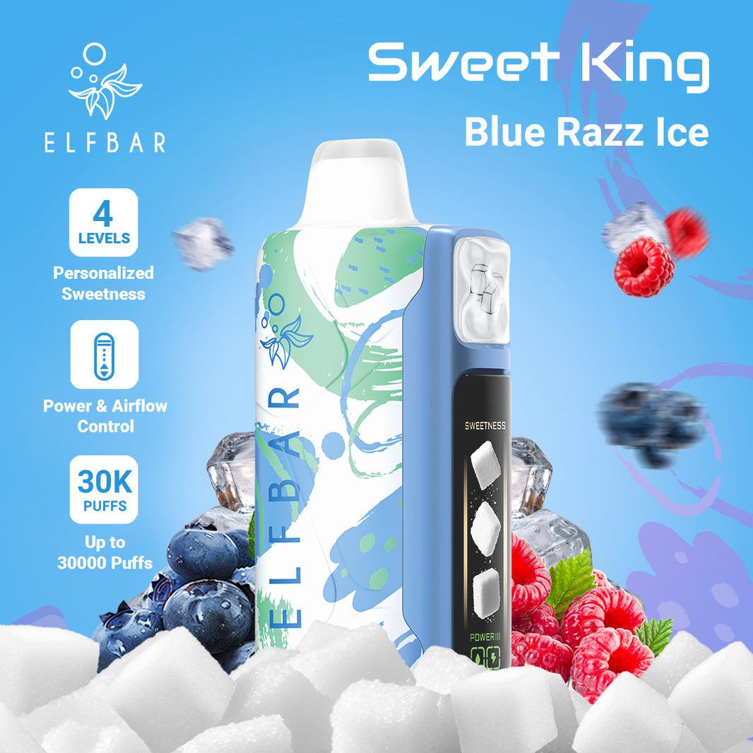 Elfbar Sweet King Blue Razz Ice vape device with fruit graphics on a blue background