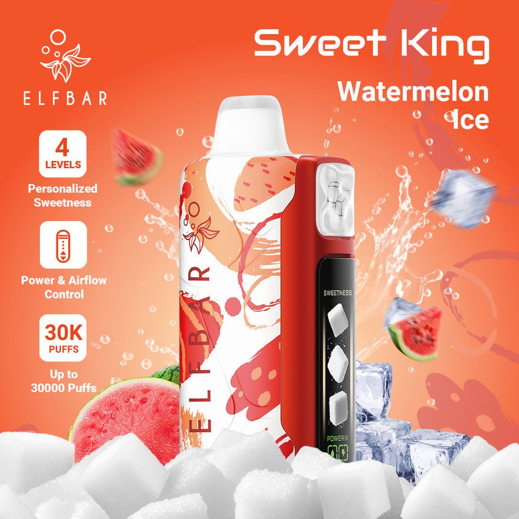Elfbar Sweet King Watermelon Ice vape device with watermelon slices and ice cubes on an orange background