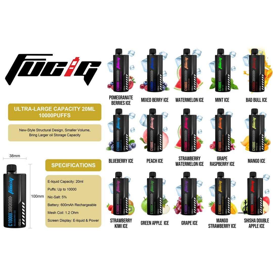 FUCIG 10000 PUFFS rechargeable disposable vape with OLED display and 20ml e-liquid capacity in multiple flavors including Pomegranate Berries Ice, Mixed Berry Ice, Watermelon Ice, Mint Ice, Bad Bull Ice, Blueberry Ice, Peach Ice, Strawberry Watermelon Ice, Grape Raspberry Ice, Mango Ice, Strawberry Kiwi Ice, Green Apple Ice, Grape Ice, Mango Strawberry Ice, and Shisha Double Apple Ice.