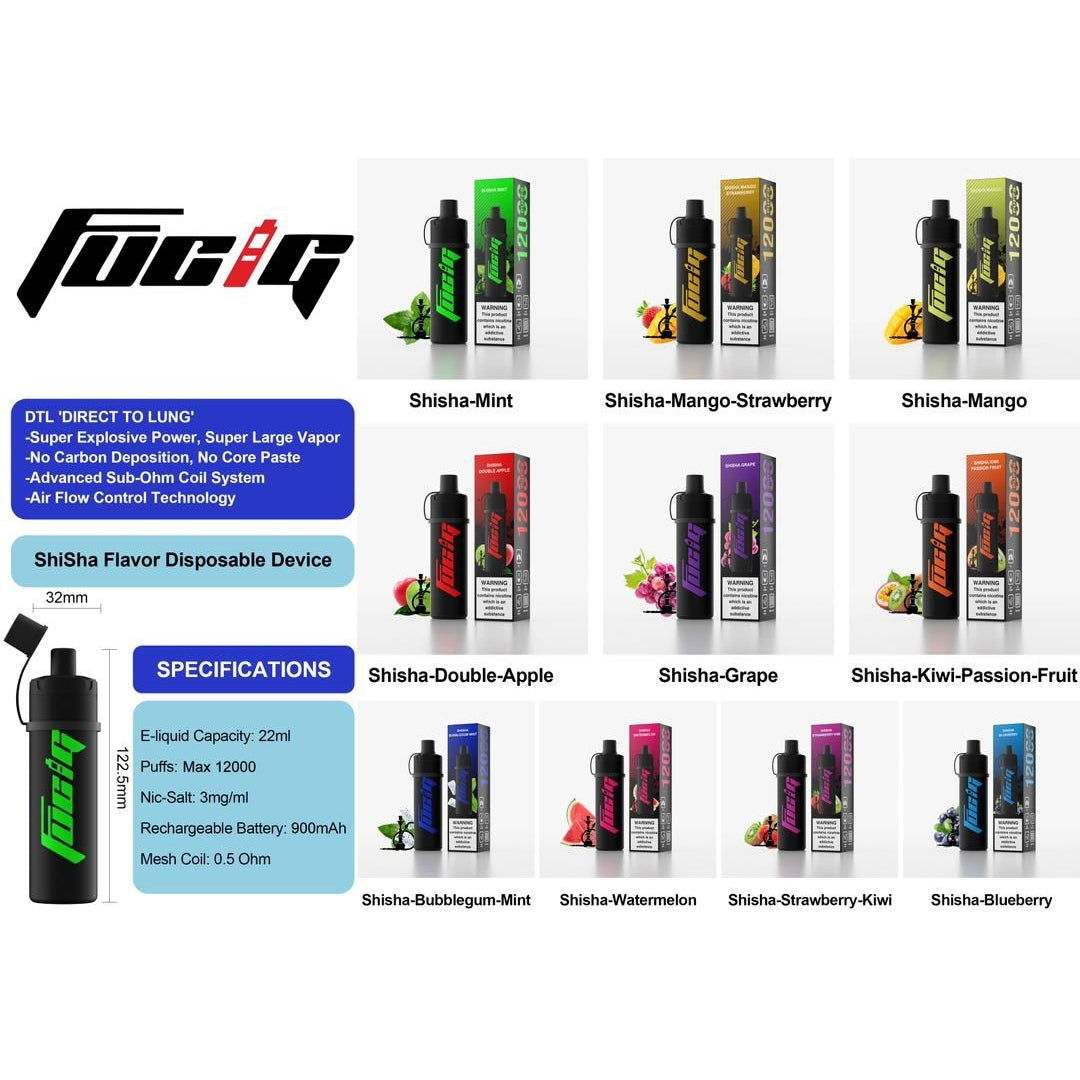 Fucig 12000 Puffs rechargeable disposable vape in various shisha flavors with long-lasting battery and sleek design