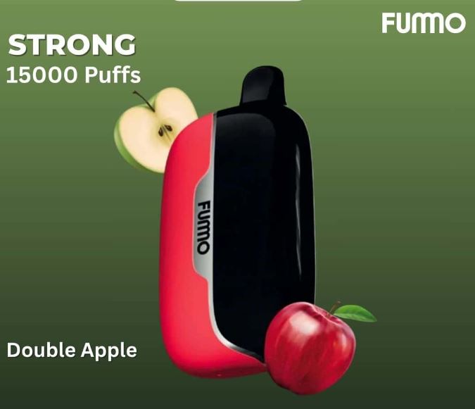 FUMO vape device with 'Double Apple' flavor on a green background