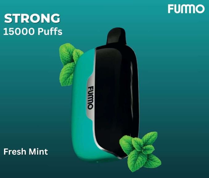 FUMO vape device with mint leaves on a teal background