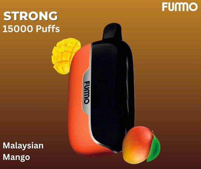 Fumo vape device with mango flavor on a brown background