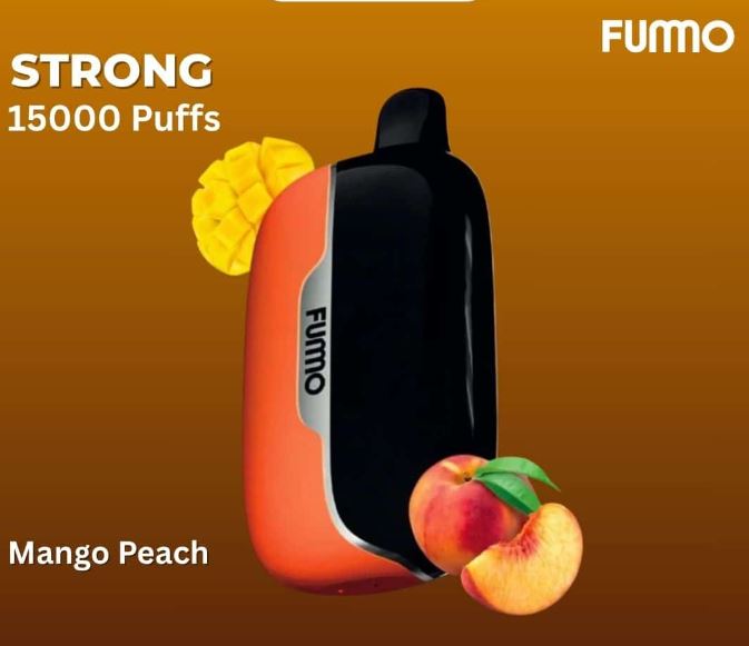 Fumo vape device with mango and peach graphics on a brown background