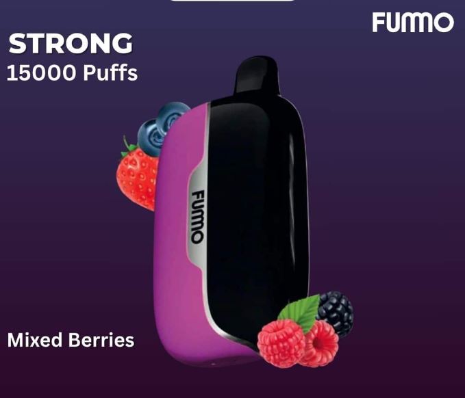FUMO vape device with mixed berries on a dark purple background