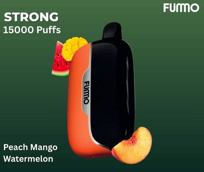 FUMO vape device with peach, mango, and watermelon graphics on a green background