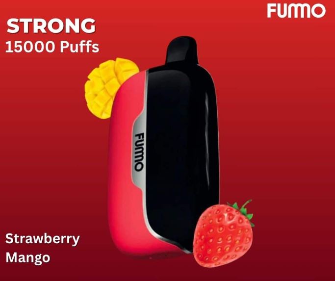 FUMO vape device with strawberry and mango graphics on a red background