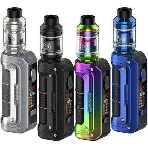 Set of four GEEKVAPE AEGIS MAX 2 100W starter kits in silver, black, rainbow, and blue with durable, waterproof, and shockproof design.