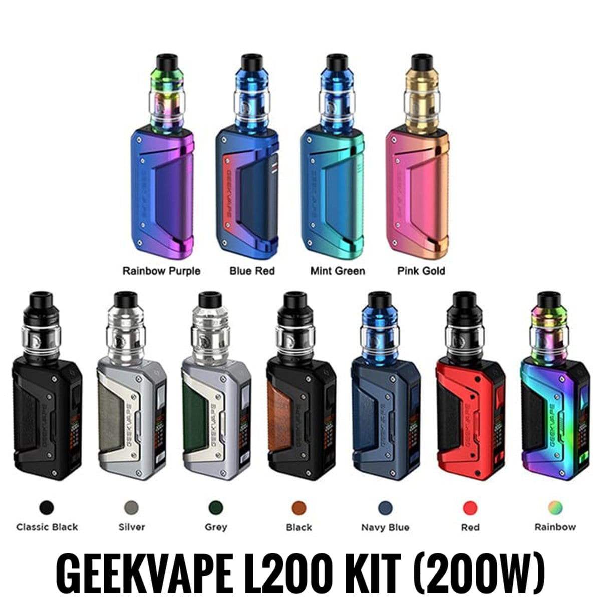 Geekvape Aegis Legend 2 L200 Vape Kit in multiple colors with durable design, 200W power, Z Sub-ohm tank, and user-friendly features.
