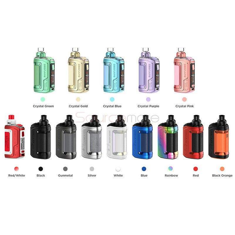 Collection of Geekvape H45 Pod Mod kits in various colors including Crystal Green, Gold, Blue, Purple, Pink, Red/White, Black, Gunmetal, Silver, White, Blue, Rainbow, Red, and Black Orange.