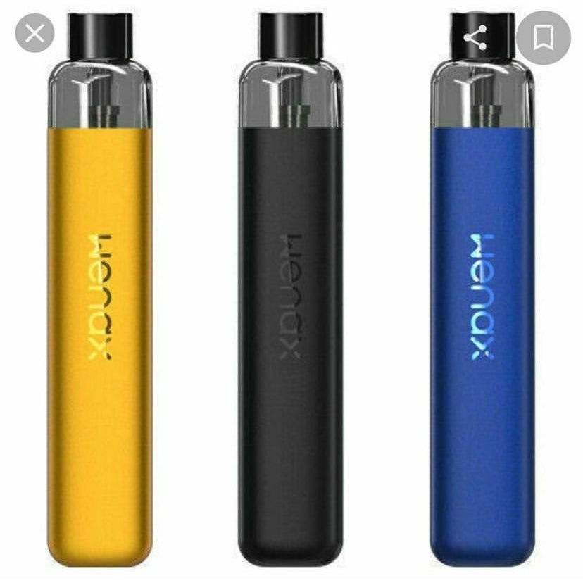 Three Geekvape Wenax K1 16w Pod Kits in gold, black, and blue colors displayed vertically.