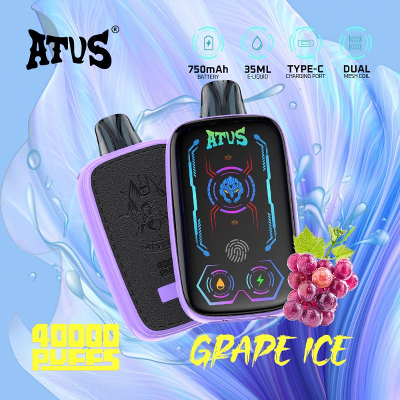 Vape device with digital display and grape ice flavor text on a colorful background