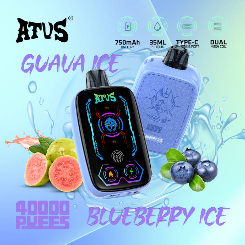 Vape device with 'ATUS' branding on a colorful background with guava and blueberry graphics with ice.