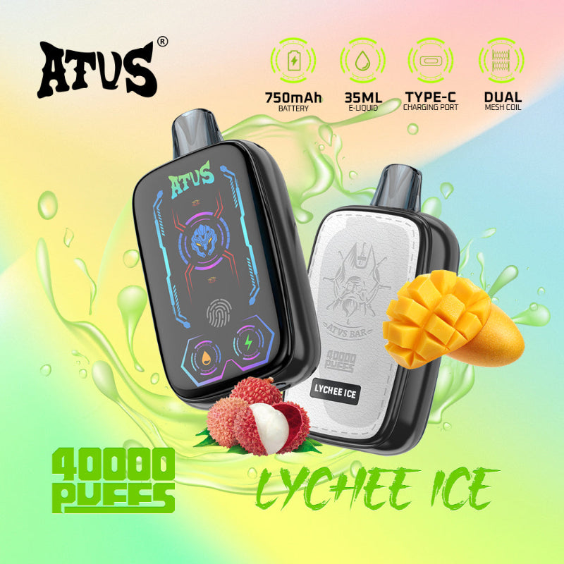 Two vape devices with 'ATUS' branding on a colorful background with lychee ice flavor.