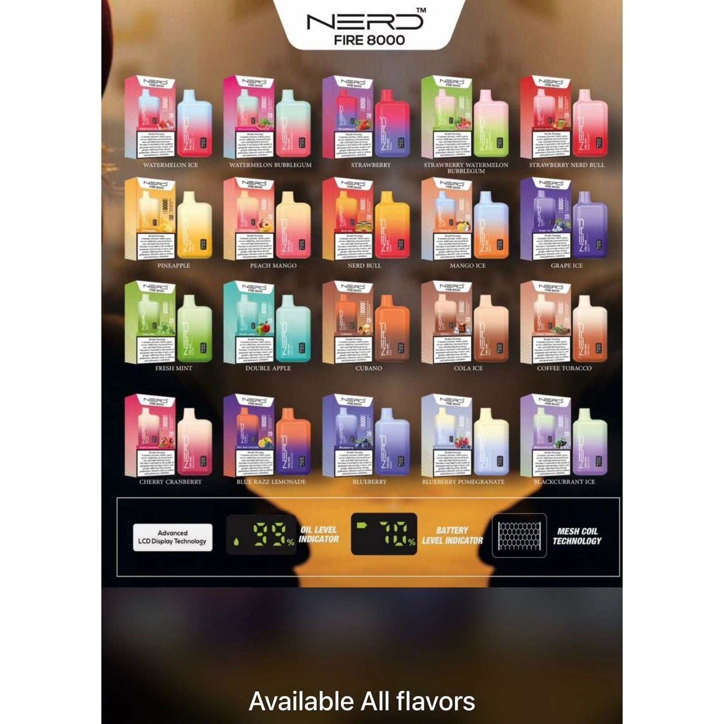 Nerd Fire 8000 Puffs rechargeable disposable vape with various flavors and LCD display indicators