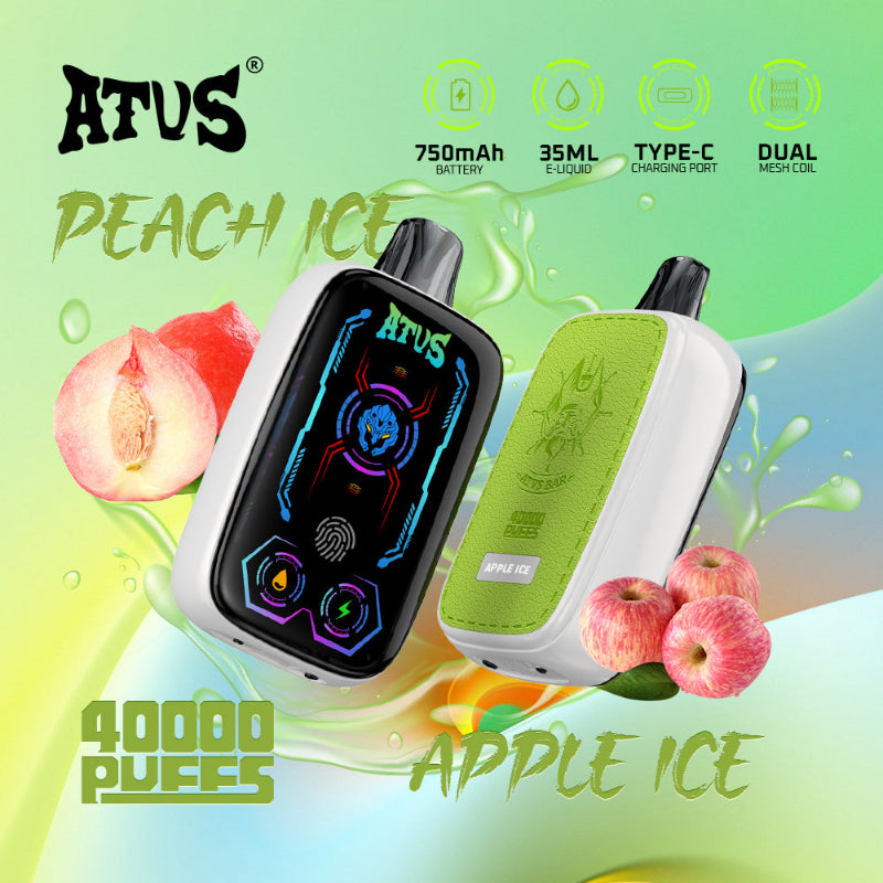 Two vape devices with 'ATUS' branding on a colorful background with apple ice and peach ice flavors.