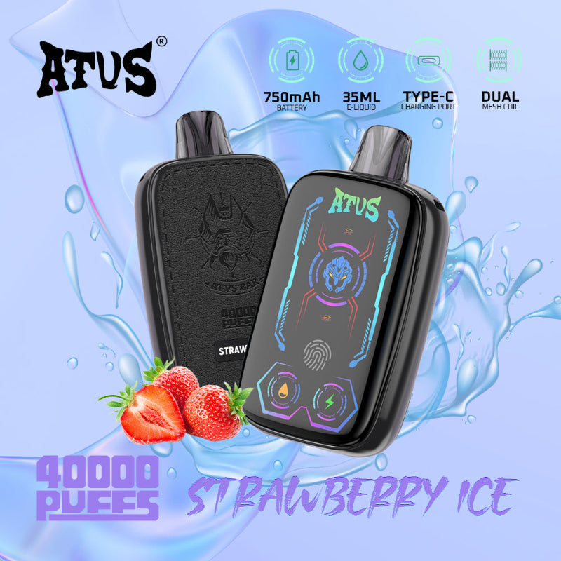 Atvs 40000 Puffs Strawberry Ice Disposable Vape with strawberry and ice flavor on blue background