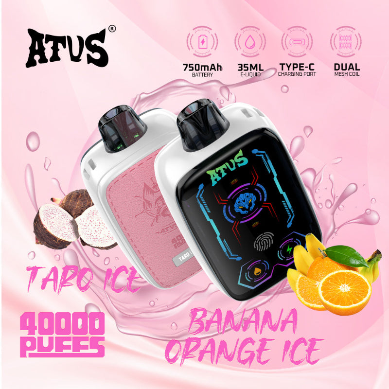Vape device with ATVS branding taro and banana orange with ice on a pink background.