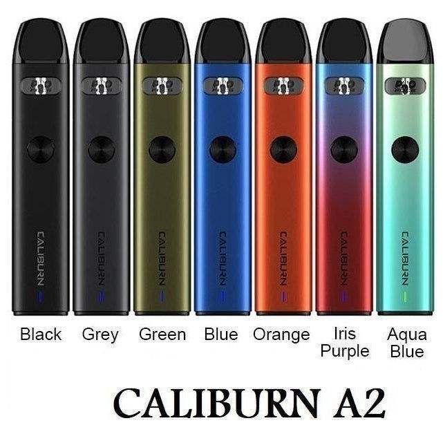 Uwell Caliburn A2 Pod Kit in various colors including black, grey, green, blue, orange, iris purple, and aqua blue with sleek, compact design.