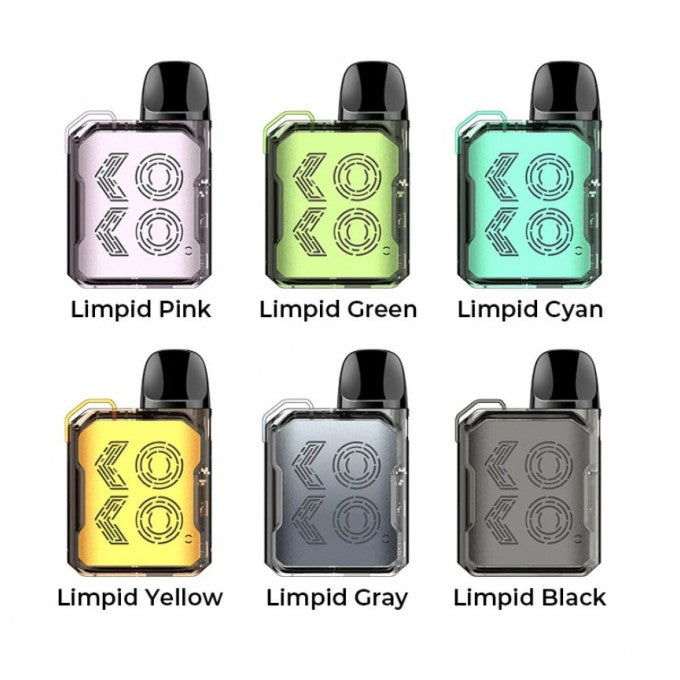 Six Uwell Caliburn GK2 vape pods in limpid pink, green, cyan, yellow, gray, and black colors with black mouthpieces