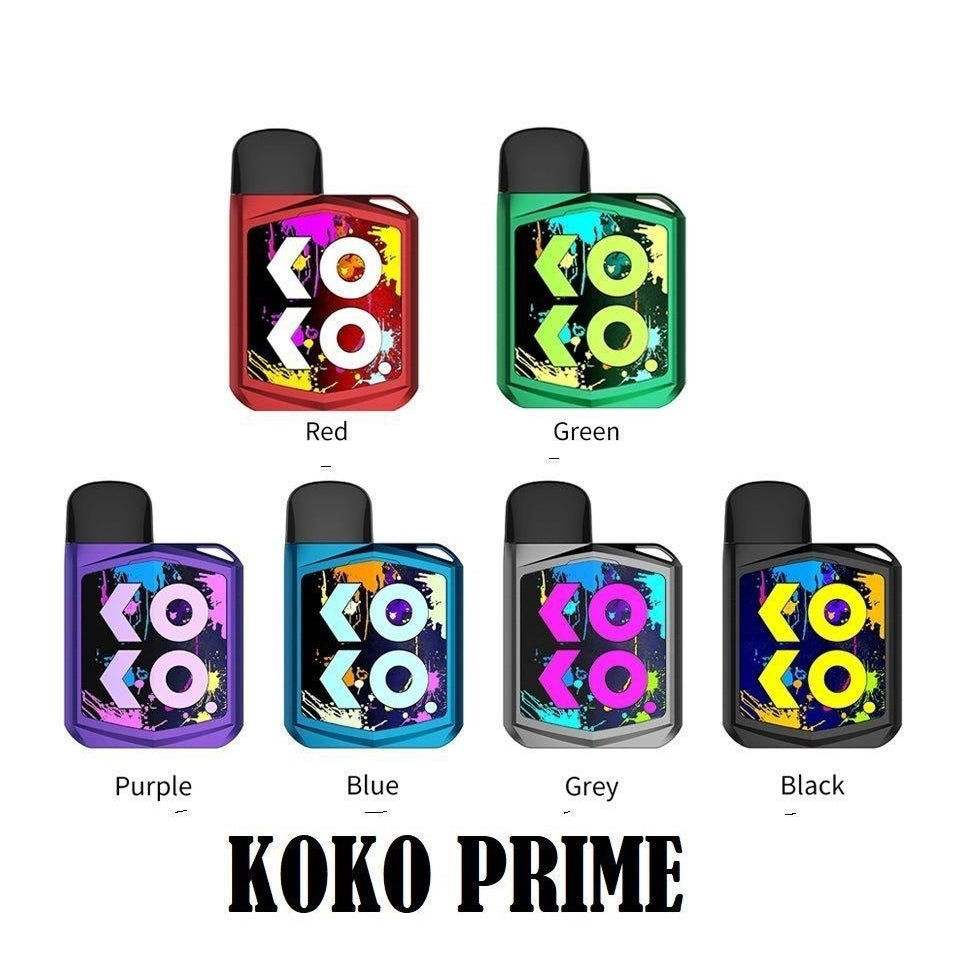 Six Uwell Caliburn Koko Prime vape pod kits in red, green, purple, blue, grey, and black colors with colorful KO KO designs on the front.