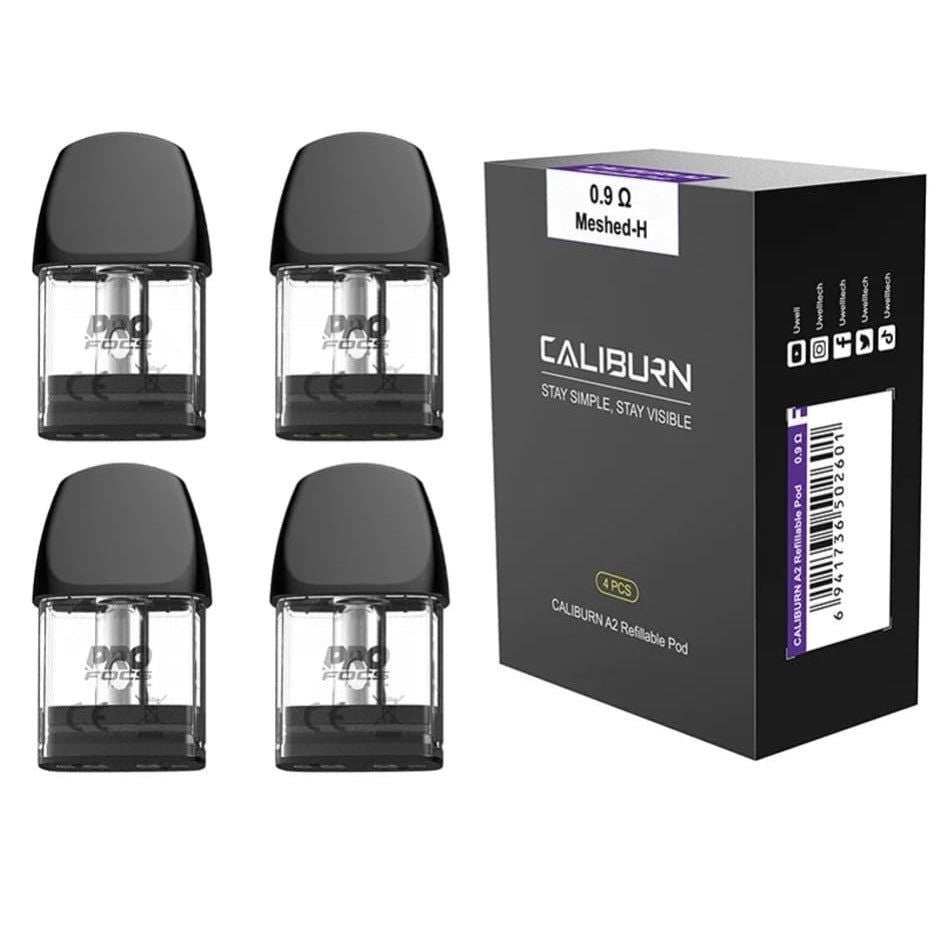 Set of four Uwell Caliburn A2 0.9 Meshed-H replacement pods with black mouthpieces and black packaging box for enhanced flavor vaping.
