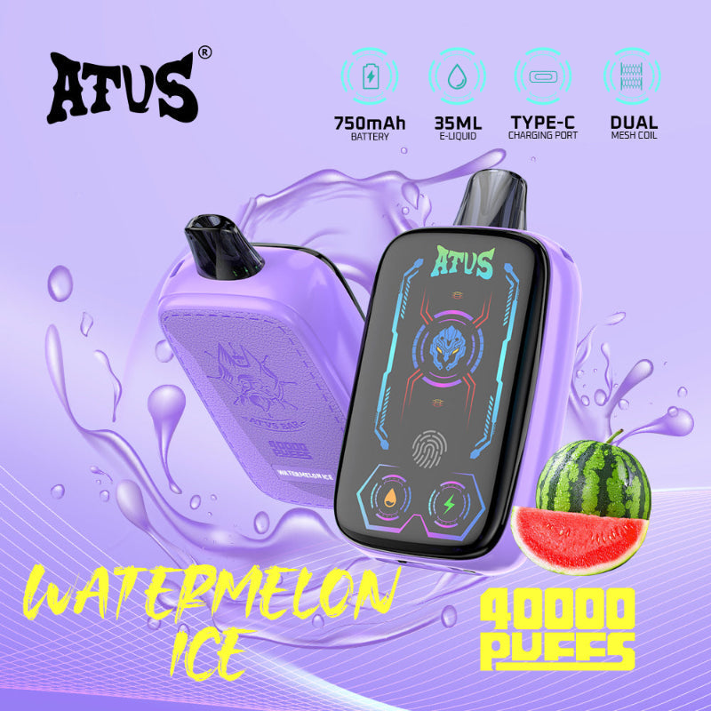 Vape device with 'ATUS' branding on a purple background with watermelon graphics.