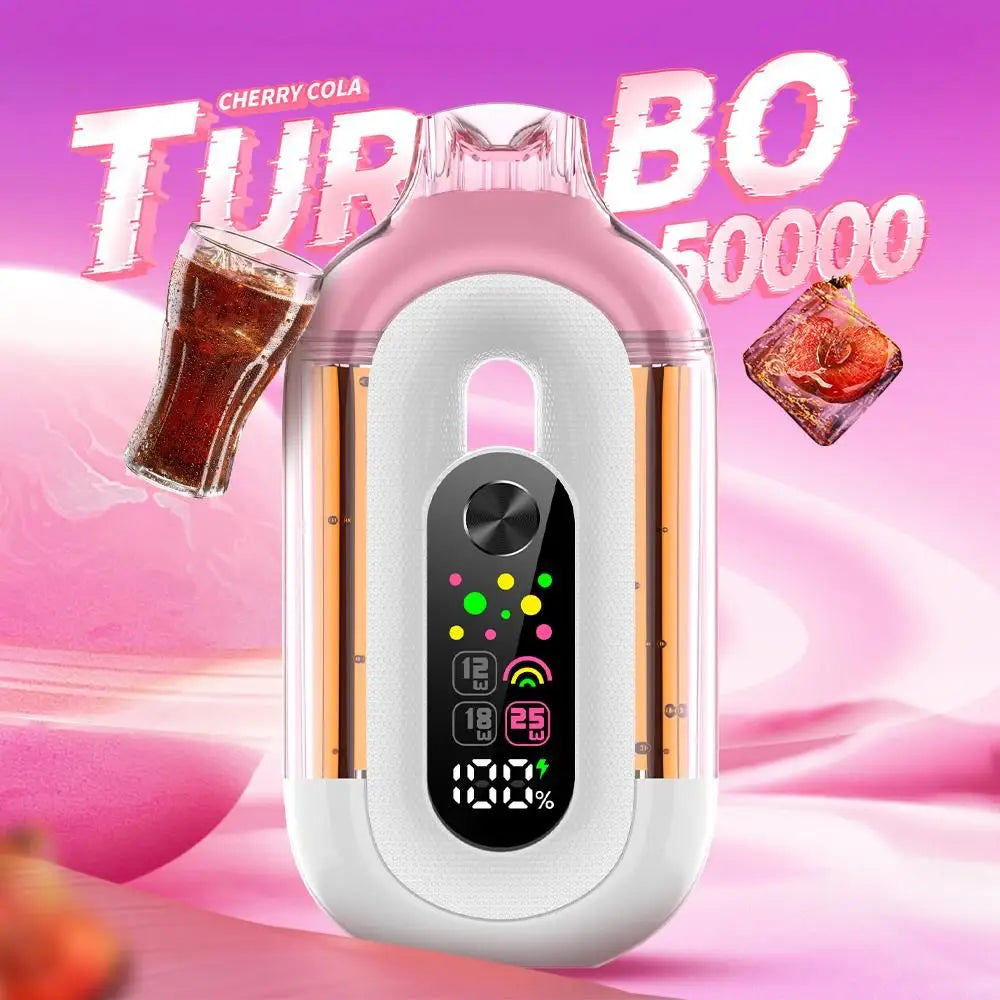 Pink electronic device with digital display on a pink background, featuring the text 'Turbo 50000' and 'Cherry Cola'.