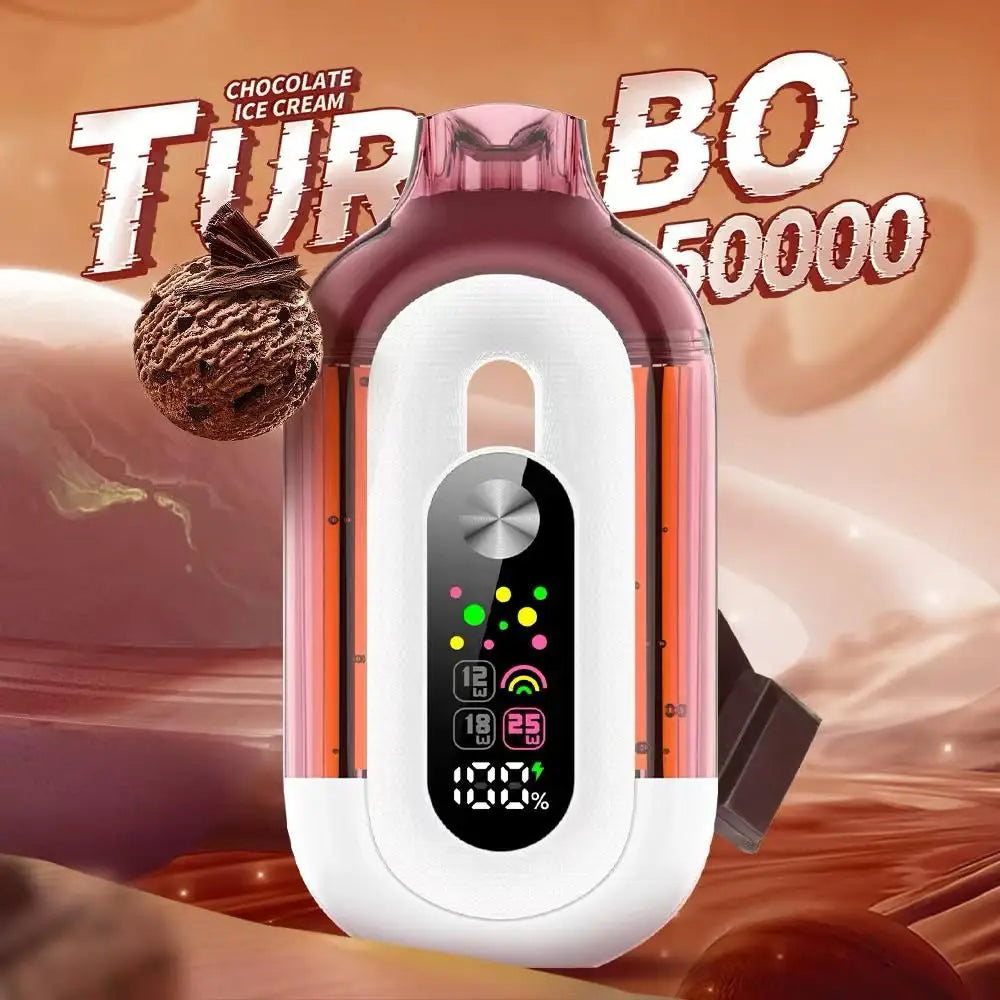 Turbo ice cream maker with digital display on a chocolate-themed background