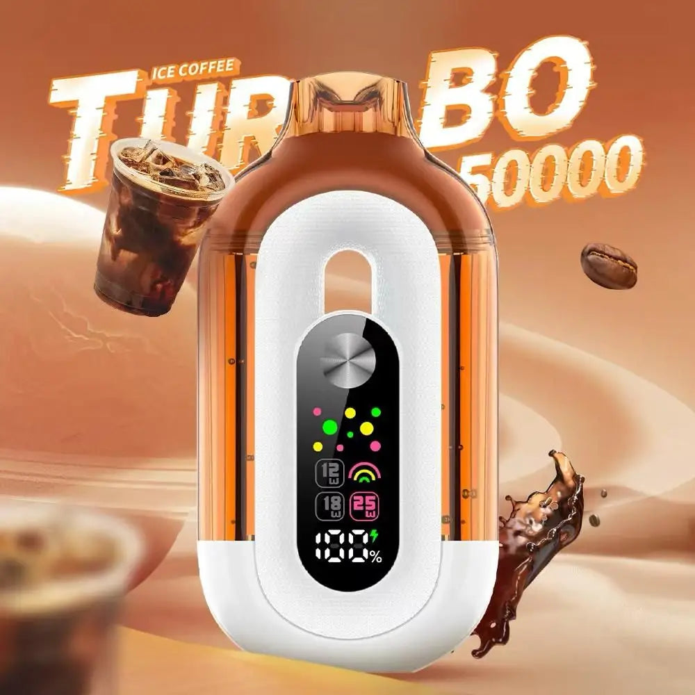 Turbo coffee maker with coffee graphics and text on a brown background