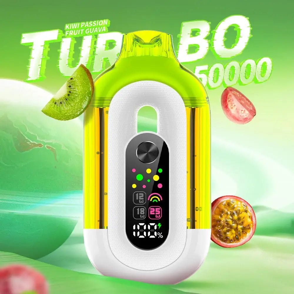 Turbo juicer with digital display on a green background with fruit graphics