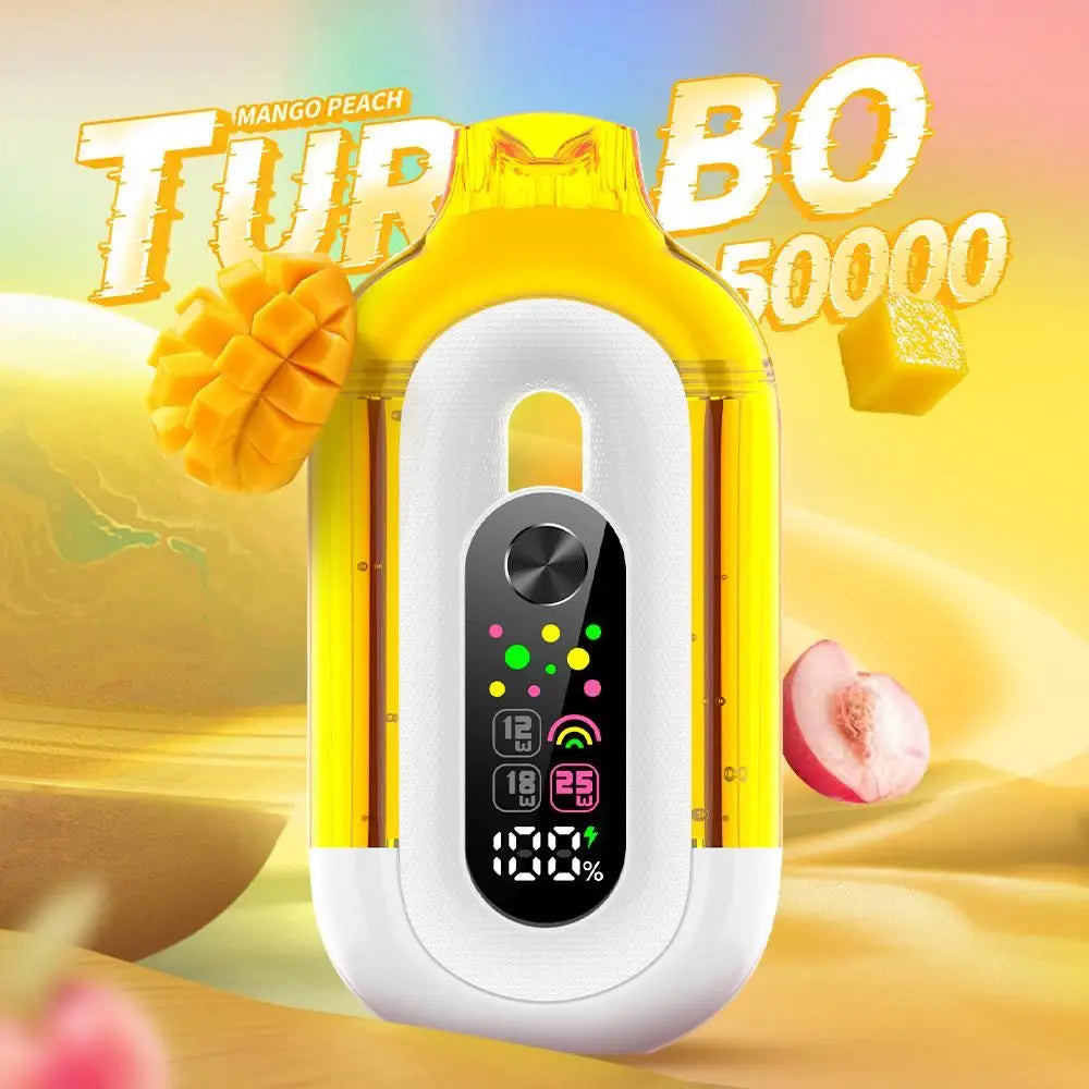 Yellow and white electronic device with mango and peach graphics on a colorful background