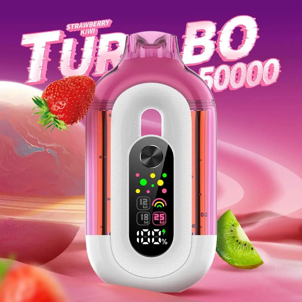Pink and white electronic device with digital display on a pink background with strawberry and kiwi slices.