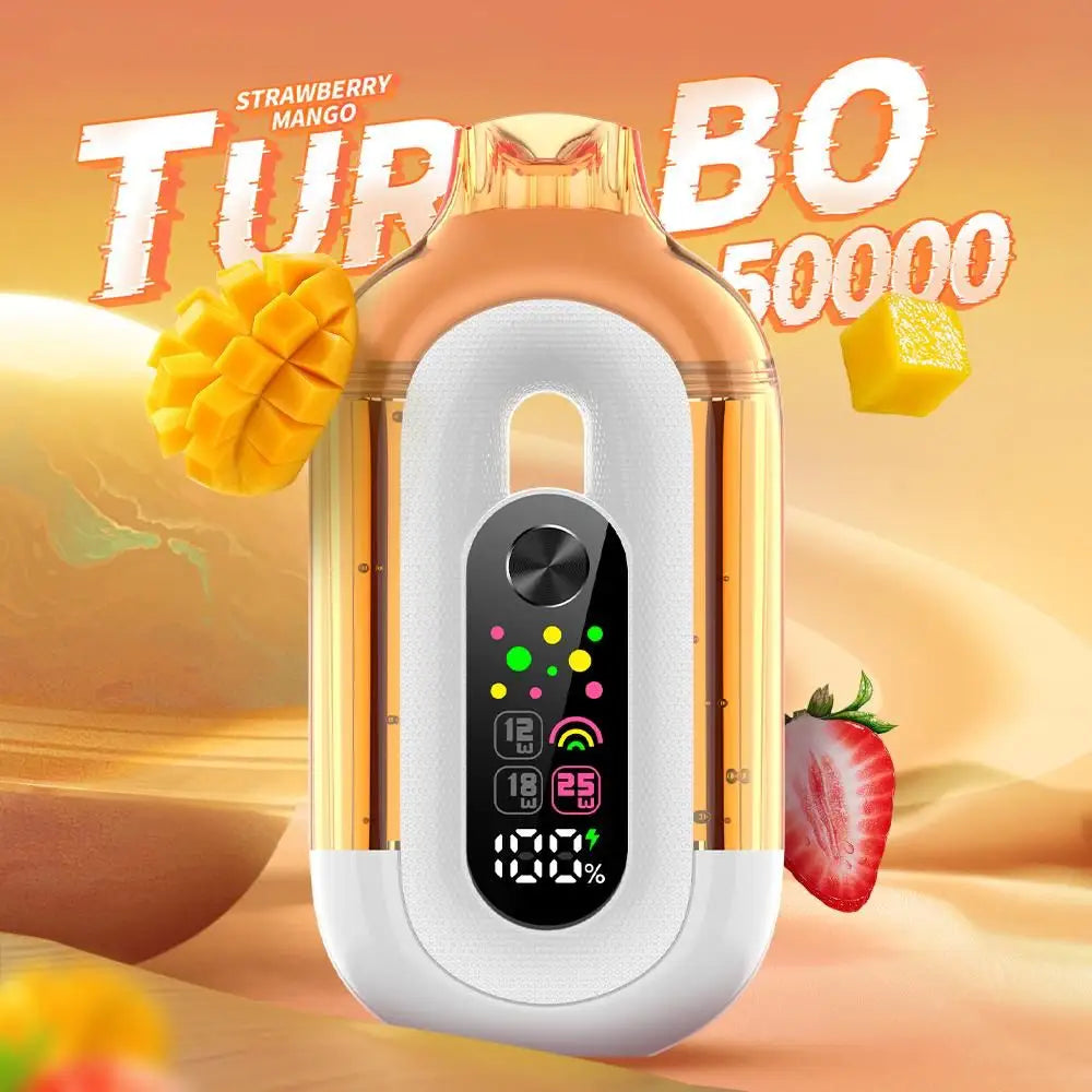 Gold and white electronic device with fruit graphics on a vibrant background