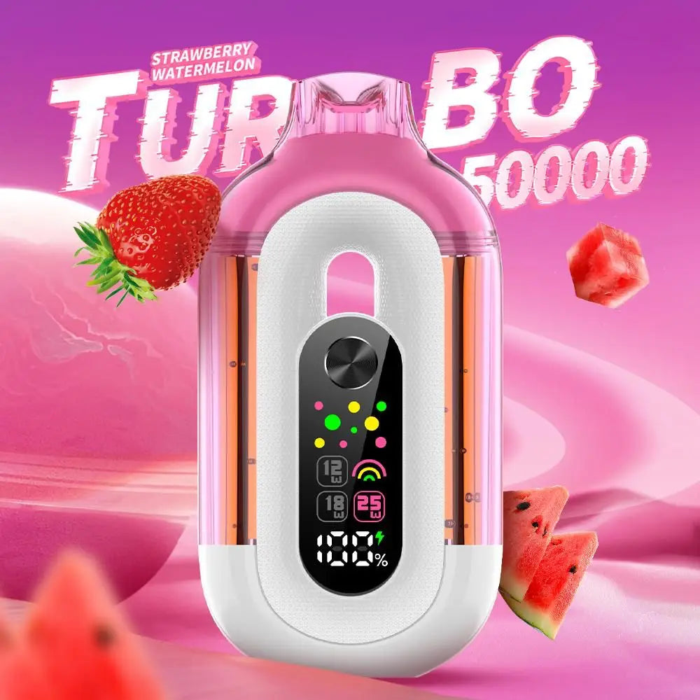 Pink electronic device with digital display on a pink background with strawberry and watermelon graphics.