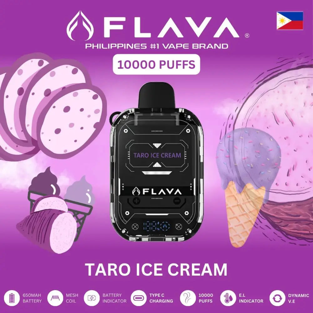 Flava vape device with taro ice cream flavor on a purple background