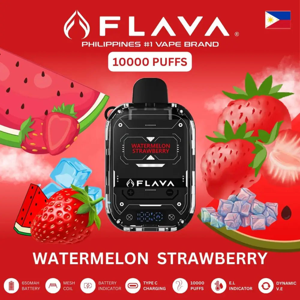 Flava vape device with watermelon and strawberry graphics on a red background