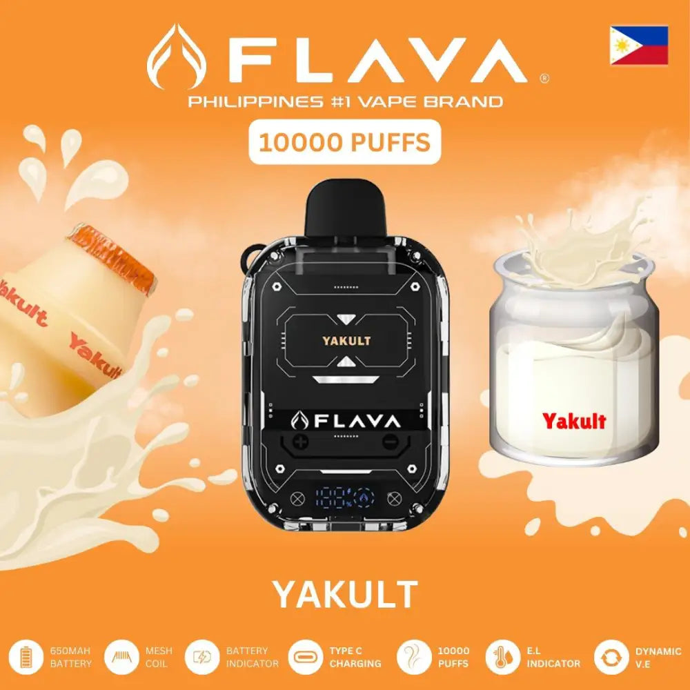 Flava vape device with Yakult branding on an orange background