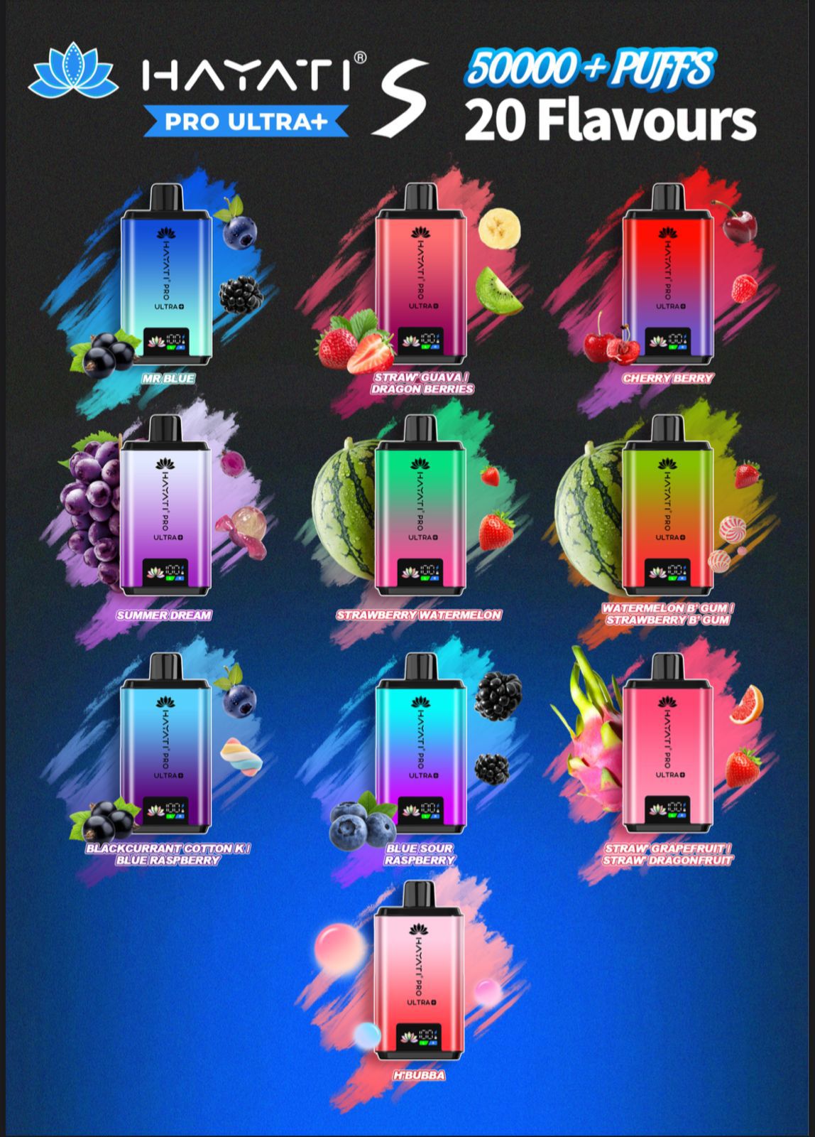 Promotional graphic for Hayati Pro Ultra+ S vape device with 20 flavors and 50,000 puffs on a blue background.