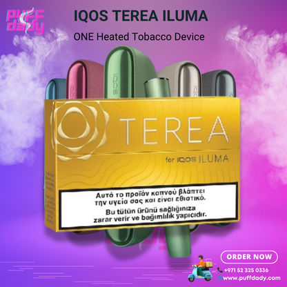 IQOS Terea ILUMA sticks pack with multiple colored vaping devices on purple smoky background, premium heat-not-burn tobacco sticks for cleaner vaping experience.