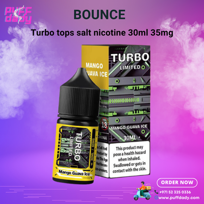 Bounce Turbo Salt Nicotine 30ml bottle with mango guava ice flavor and 35mg nicotine strength, leak-proof travel-friendly vape liquid from Puff Dady Dubai.
