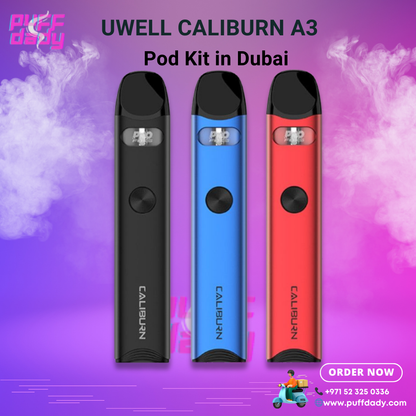 Uwell Caliburn A3 pod kit in black, blue, and red colors with sleek design and Puff Dady logo on purple background
