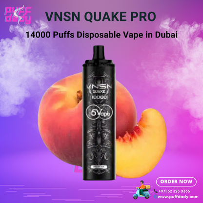 VNSN Quake Pro 14000 Puffs disposable vape with peach flavor on purple background, available in Dubai