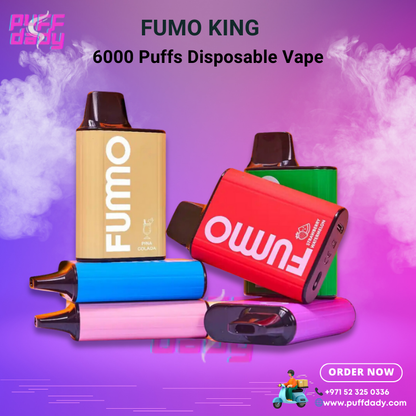 Fumo King 6000 puffs disposable vapes in various colors with rechargeable battery and multiple flavor options on purple background