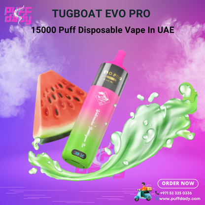 Tugboat Evo Pro 15000 puff disposable vape with watermelon flavor and sleek design against purple background